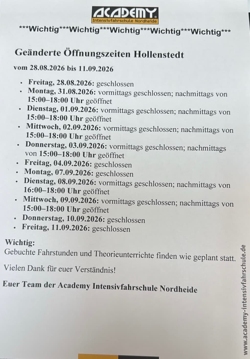 Abweichende Öffnungszeiten Hollenstedt vom 28.08.26 - 11.09.26